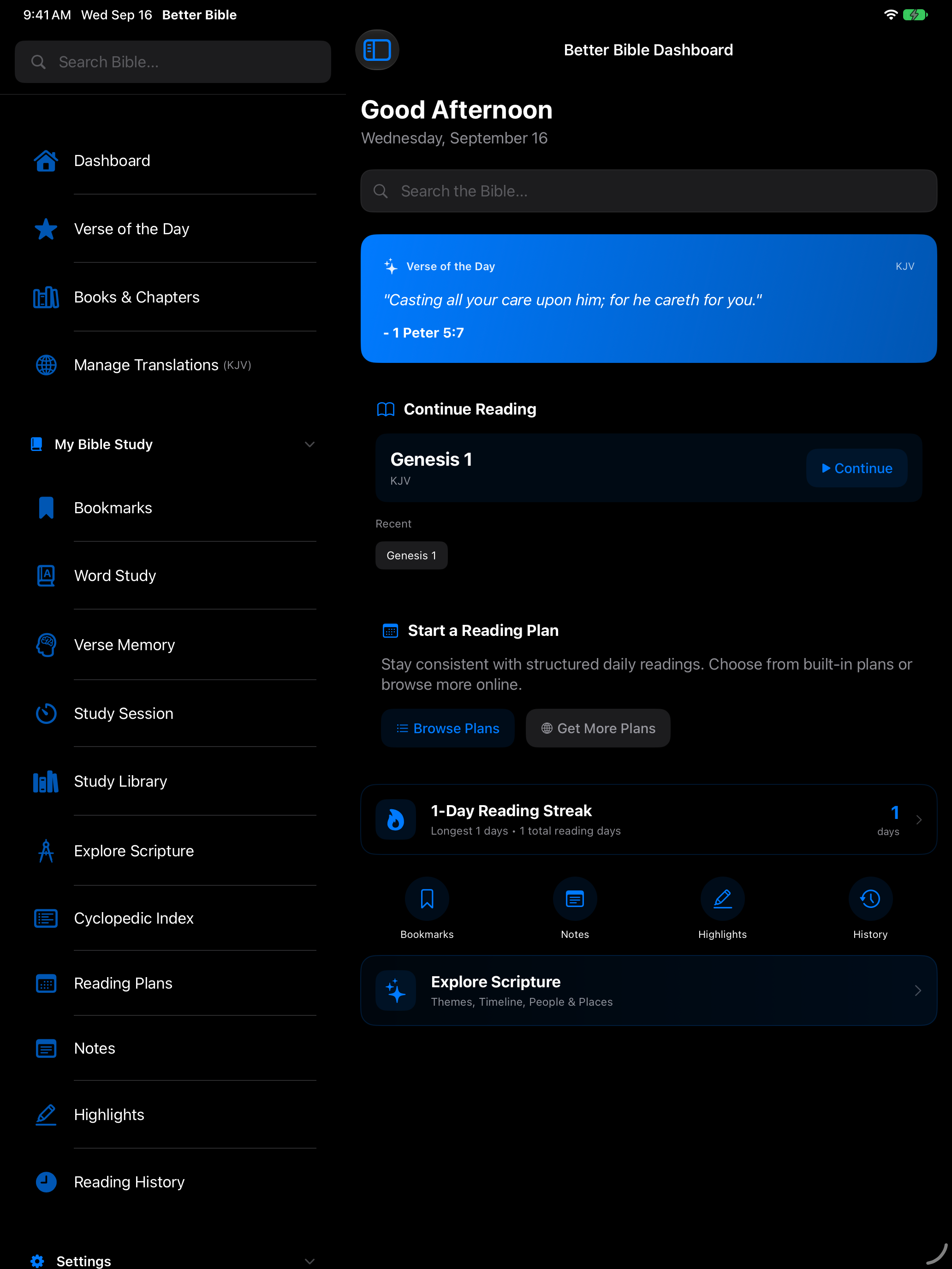 The Better Bible app on iPad showing the split-view dashboard with sidebar navigation